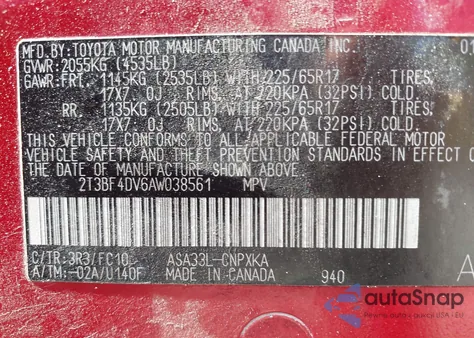 2010 Toyota Rav4 z USA, uszkodzony, nr VIN 2T3BF4DV6AW038561